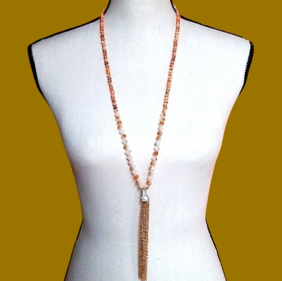 Hand Crafted Glass Bead and Austrian Crystal Gold Tone Tassel Necklace